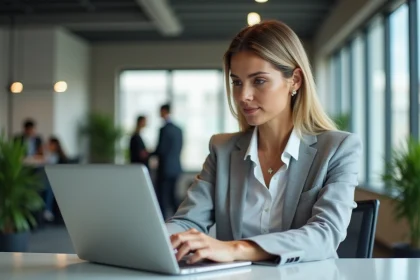 Femme professionnelle accédant à son espace client Foncia depuis son bureau au travail sur un ordinateur portable