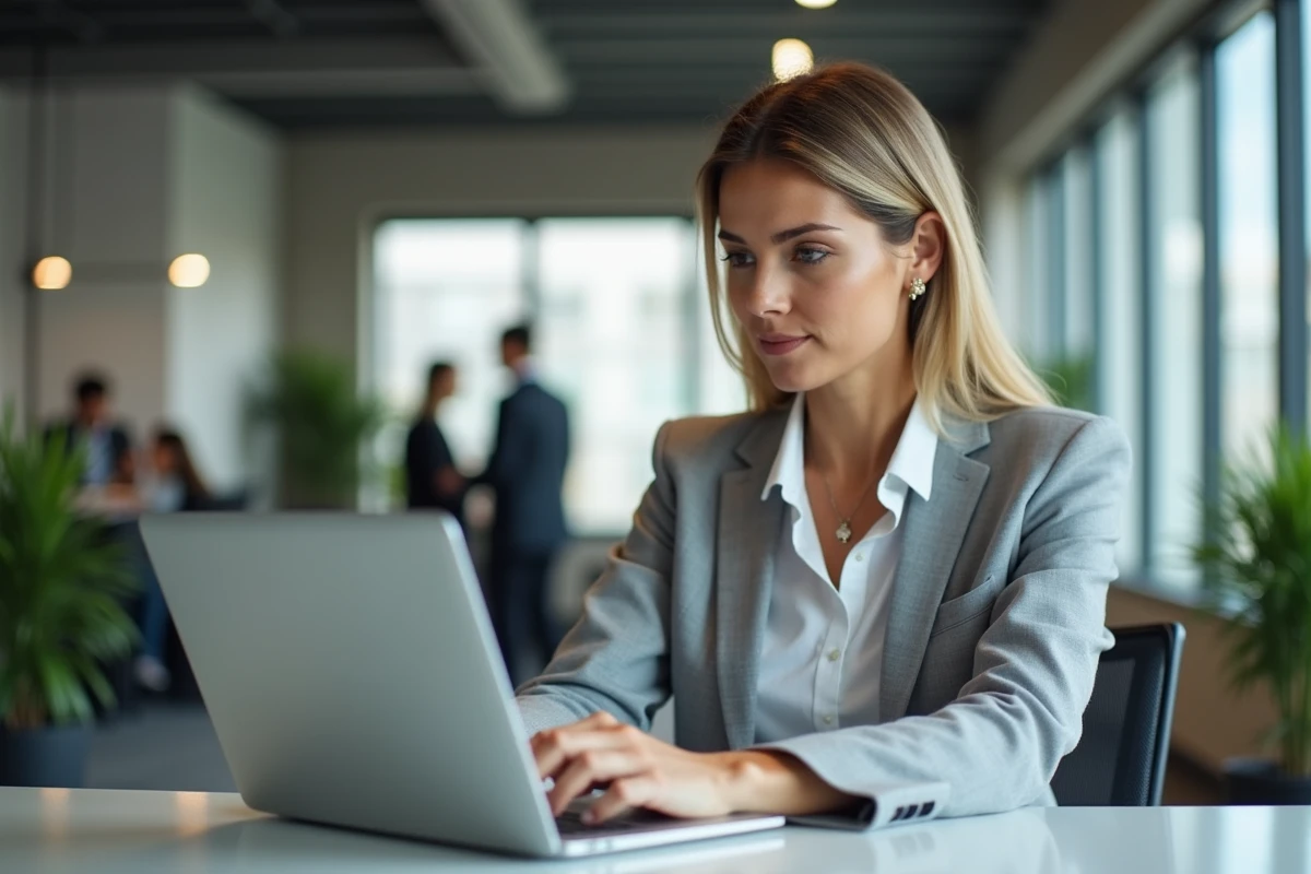 Femme professionnelle accédant à son espace client Foncia depuis son bureau au travail sur un ordinateur portable
