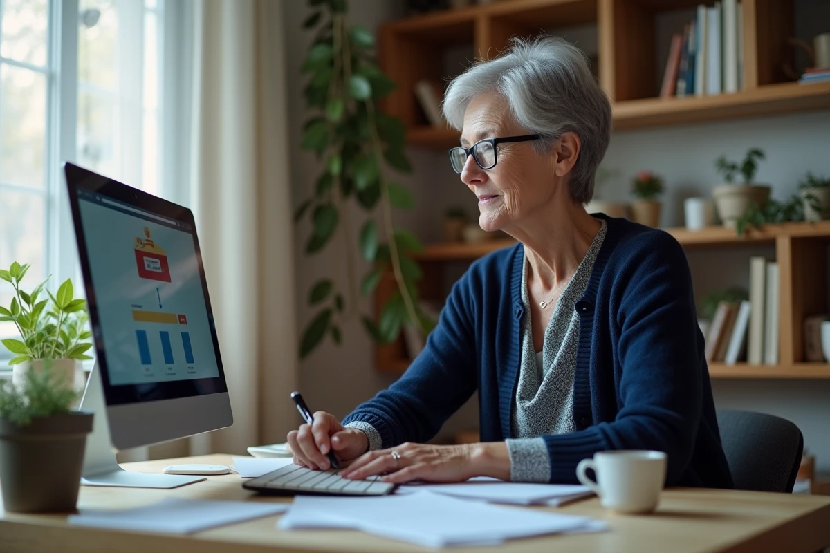 Femme senior consultant son compte locataire Foncia depuis son bureau à domicile avec documents immobiliers