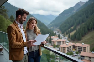 Couple consultant des documents immobiliers sur un balcon avec vue sur les montagnes andorranes