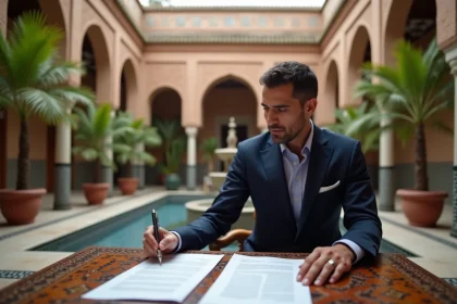 Homme d'affaires marocain consultant des documents juridiques pour l'achat d'un riad à Marrakech