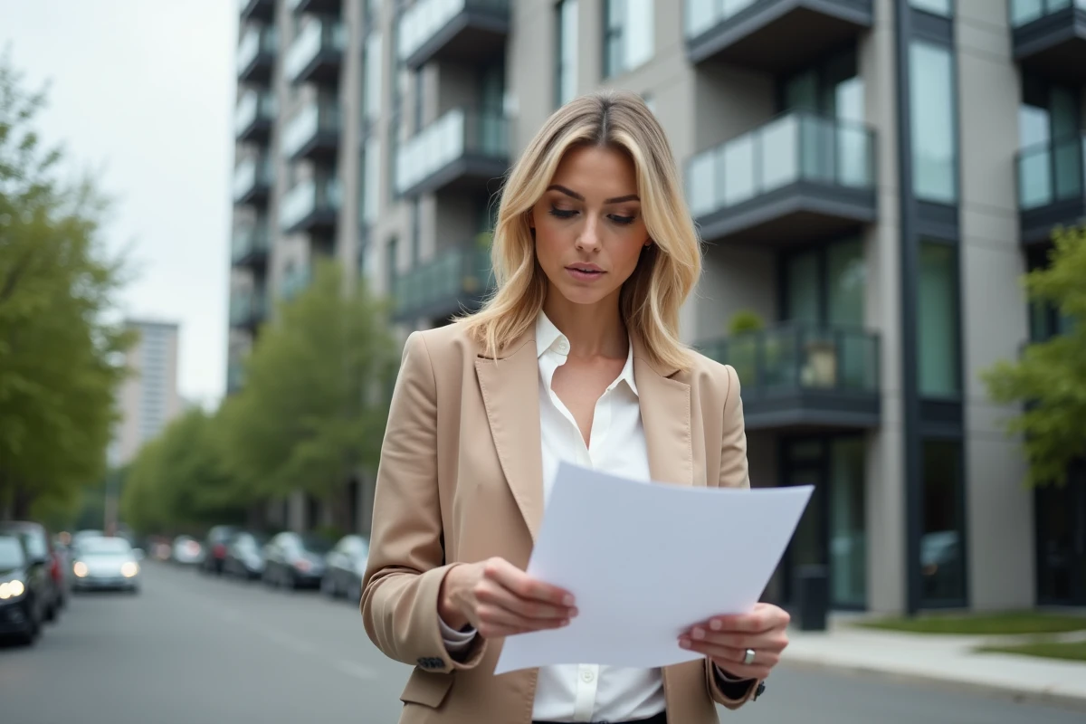 Femme étudiant une annonce immobilière devant un immeuble résidentiel moderne pour évaluer son pouvoir de négociation