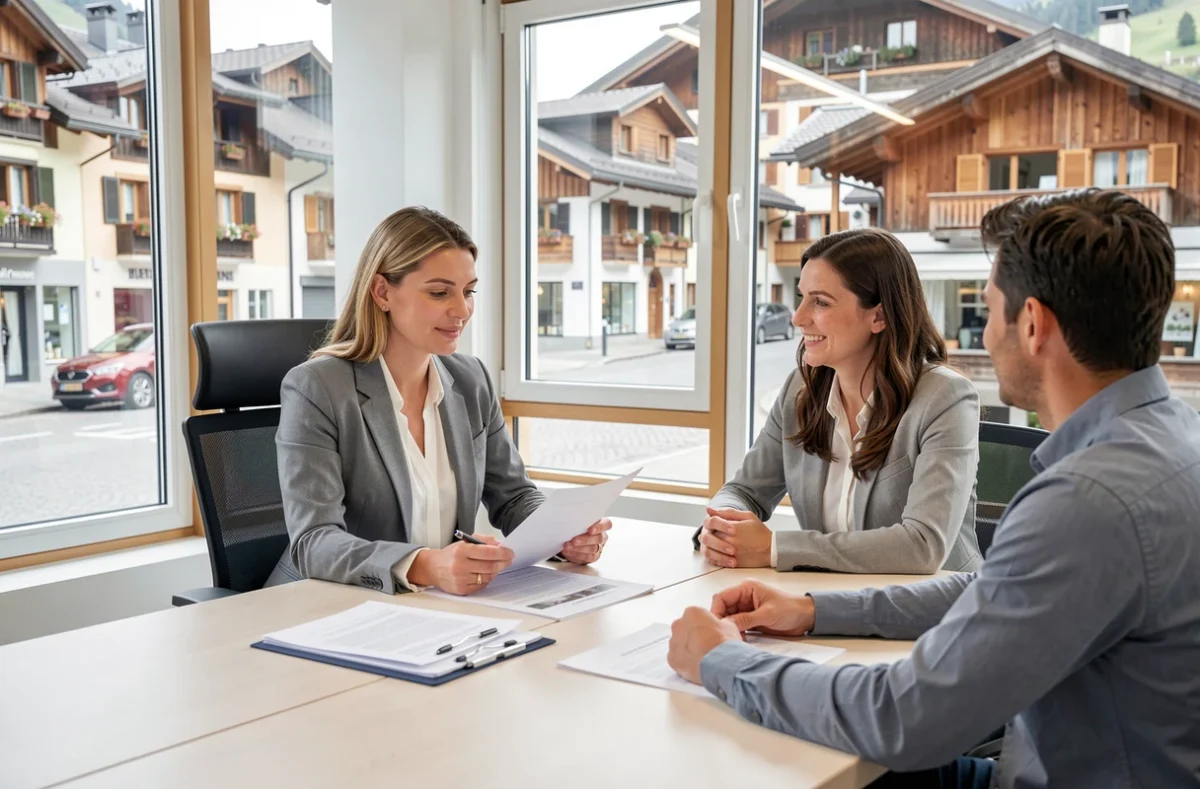 Agent immobilier Adelie Immobilier en consultation avec des clients dans une agence moderne en Haute-Savoie