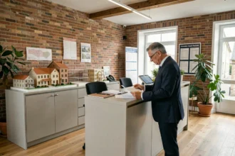 Vue d'ensemble d'une agence de gestion locative professionnelle dans l'Oise avec un agent immobilier consultant des documents de location