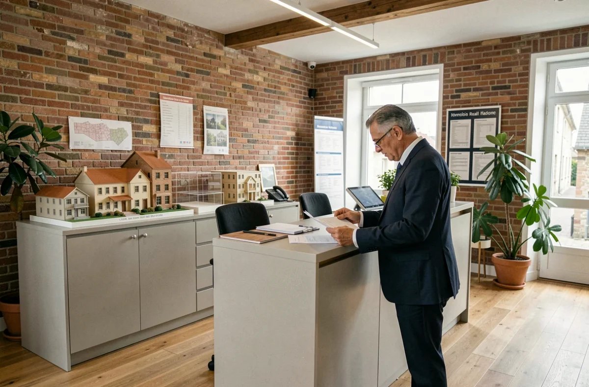 Vue d'ensemble d'une agence de gestion locative professionnelle dans l'Oise avec un agent immobilier consultant des documents de location