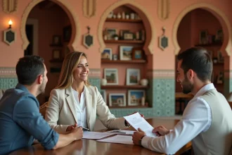 Agent immobilier marocaine présentant des documents de vente de villa à Marrakech dans une agence locale aux murs en zellige