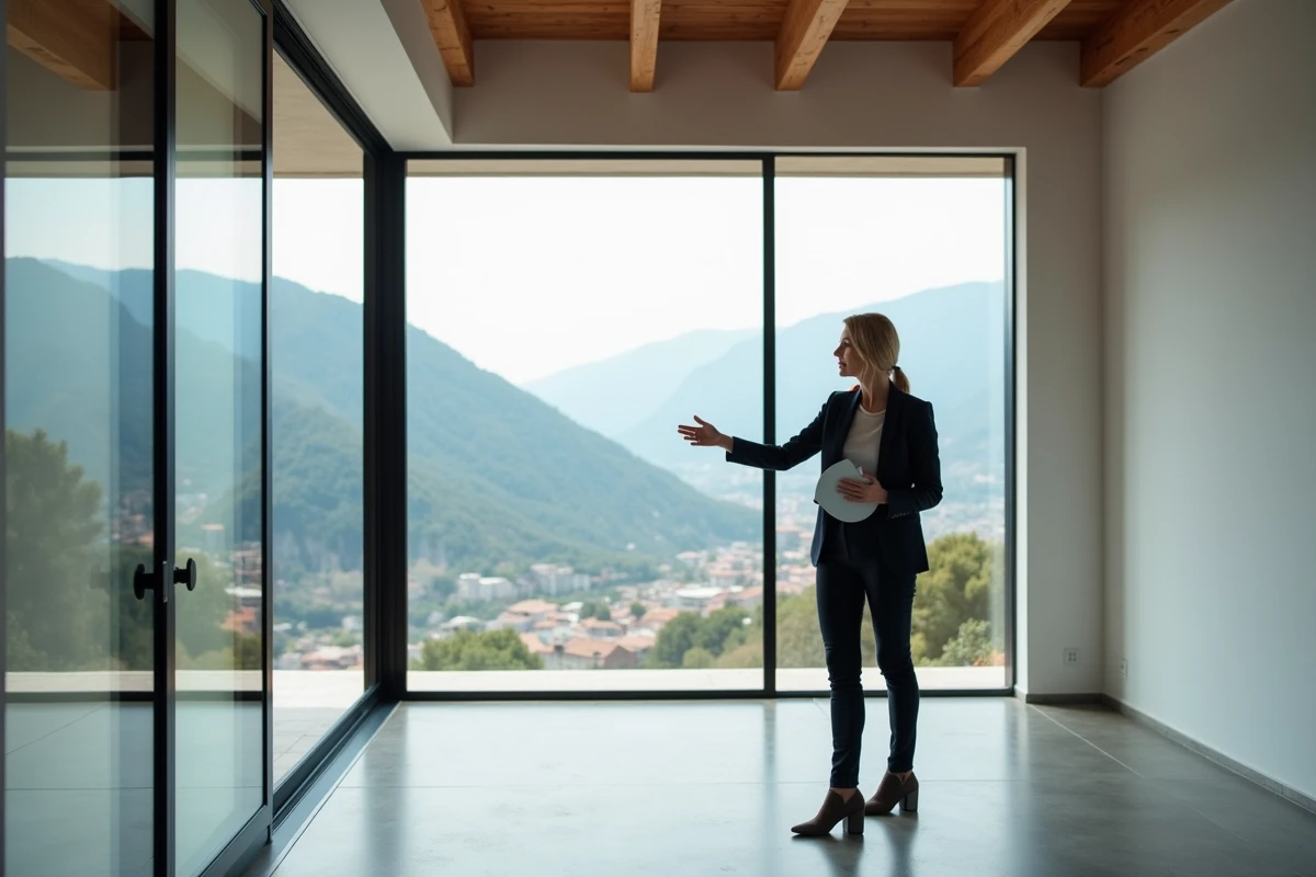 Agent immobilière présentant un appartement moderne à vendre en Andorre avec vue sur la montagne