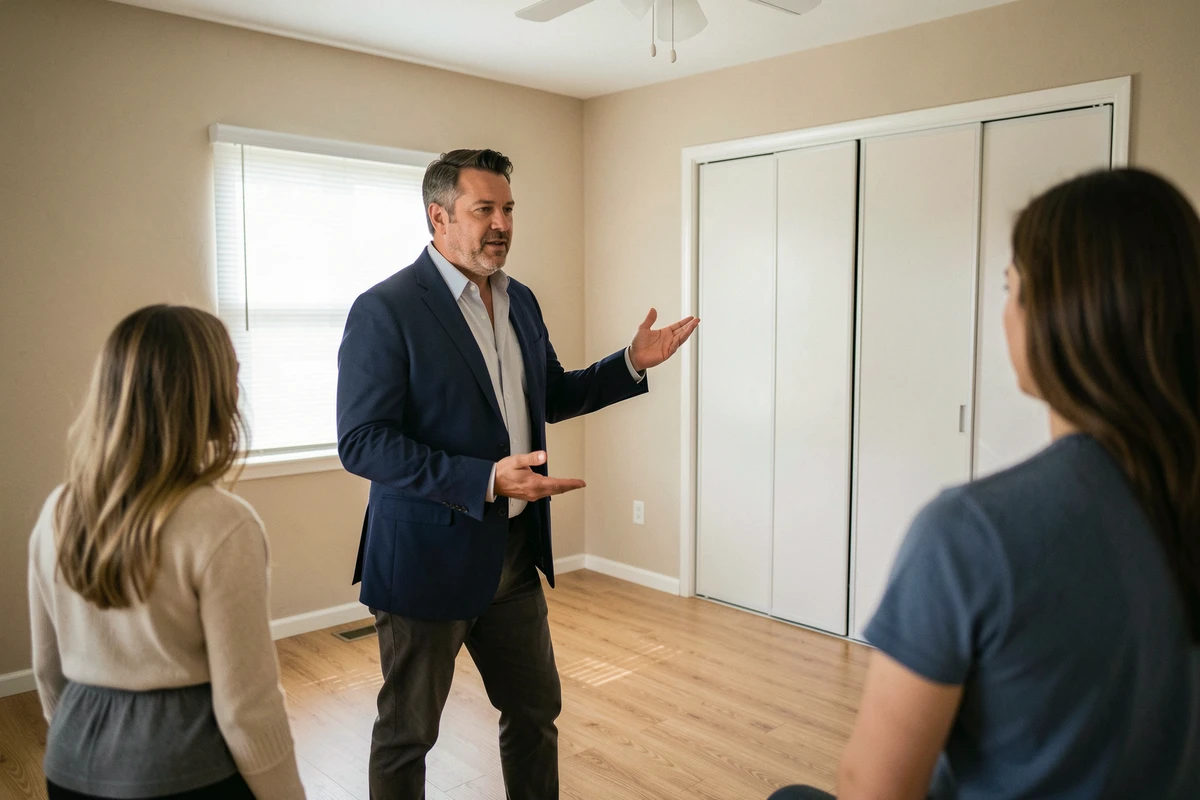 Agent immobilier présentant une chambre de maison plain-pied à louer à des locataires potentiels