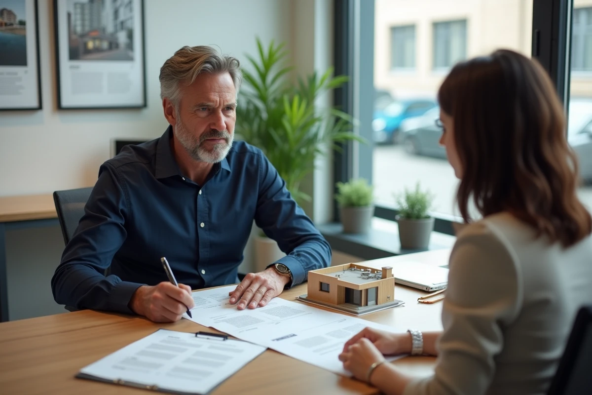 Client et agent immobilier comparant des documents pour l'achat ou la location d'un T1 ou T1bis