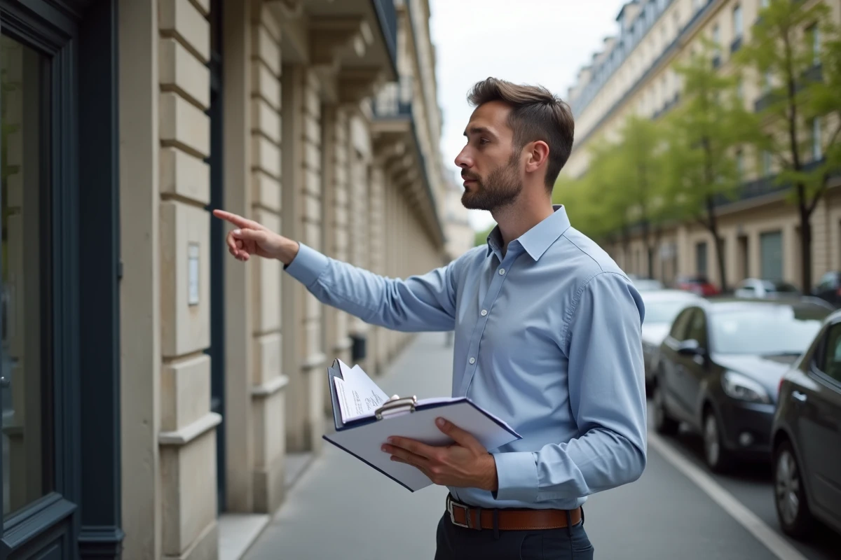 Agent immobilier devant un immeuble résidentiel tenant des documents d'encadrement des loyers