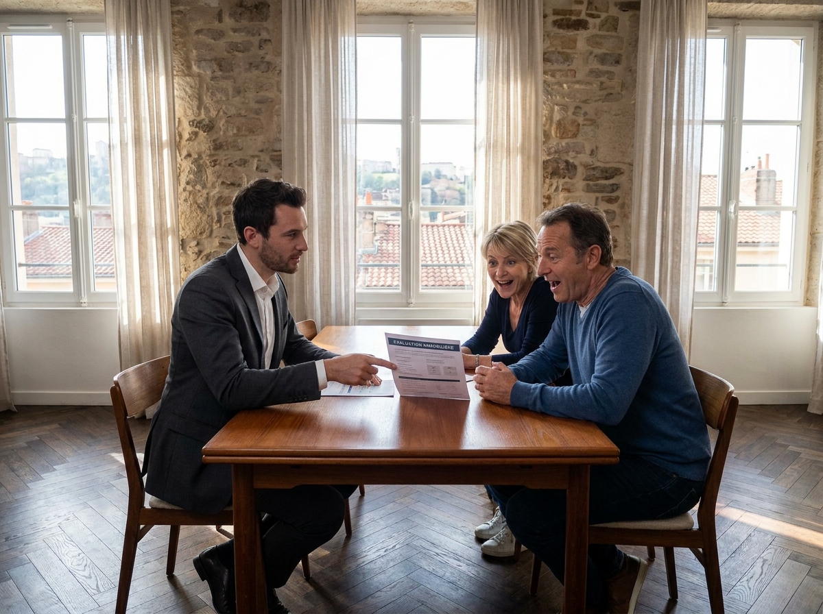 Agent immobilier présentant une estimation de valeur élevée à un couple dans un appartement typique de la Croix-Rousse à Lyon