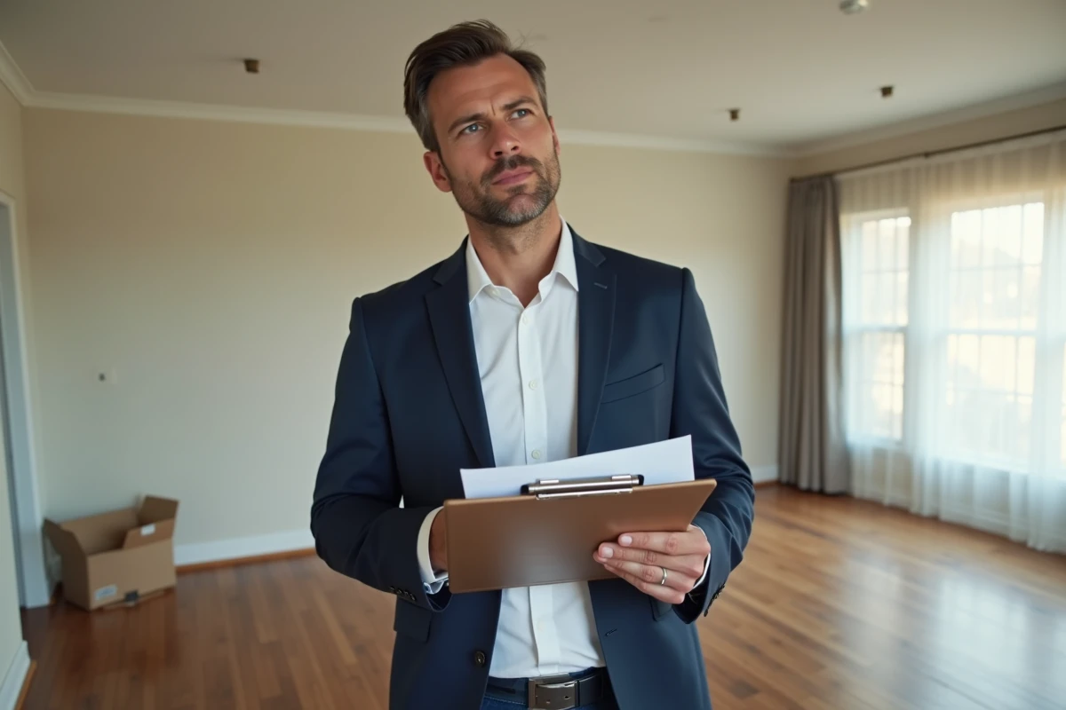 Agent immobilier évaluant une maison vide à vendre suite à un divorce urgent dans l'Oise
