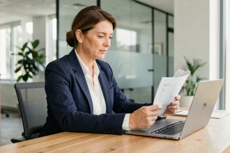 Agent immobilière consultant une estimation de valeur maison sur ordinateur portable dans une agence moderne en 2026