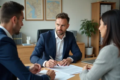 Agent immobilier expliquant les honoraires à la charge du vendeur à un couple lors d'une signature de contrat