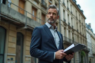 Agent immobilier devant un immeuble vacant en France, illustrant la taxe sur les logements vacants 2026