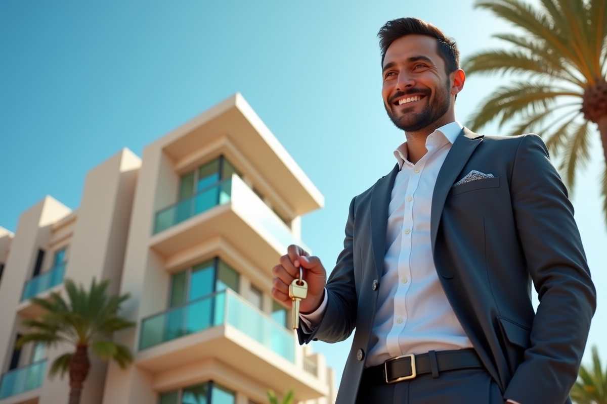 Agent immobilier remettant les clés à un investisseur souriant à Casablanca