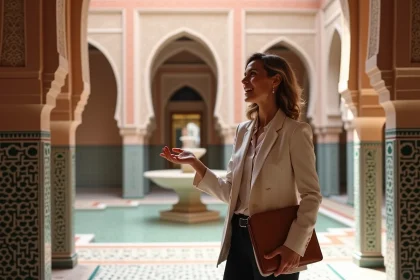 Agent immobilier présentant un riad traditionnel à Marrakech avec fontaine en mosaïque et sol en zellige