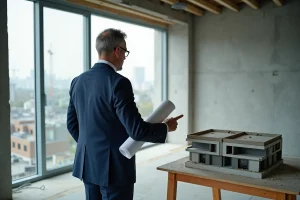 Agent immobilier présentant une maquette de programme neuf dans un appartement en cours de construction VEFA
