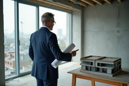 Agent immobilier présentant une maquette de programme neuf dans un appartement en cours de construction VEFA