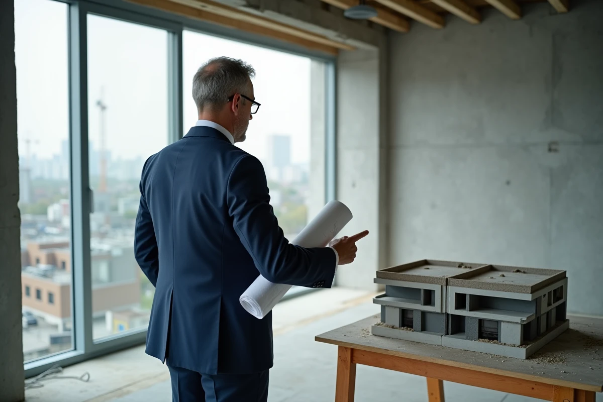 Agent immobilier présentant une maquette de programme neuf dans un appartement en cours de construction VEFA