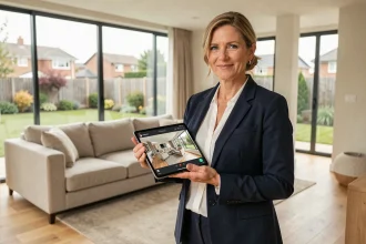 Agent immobilier présentant une visite virtuelle 360 degrés sur tablette dans un salon moderne à vendre