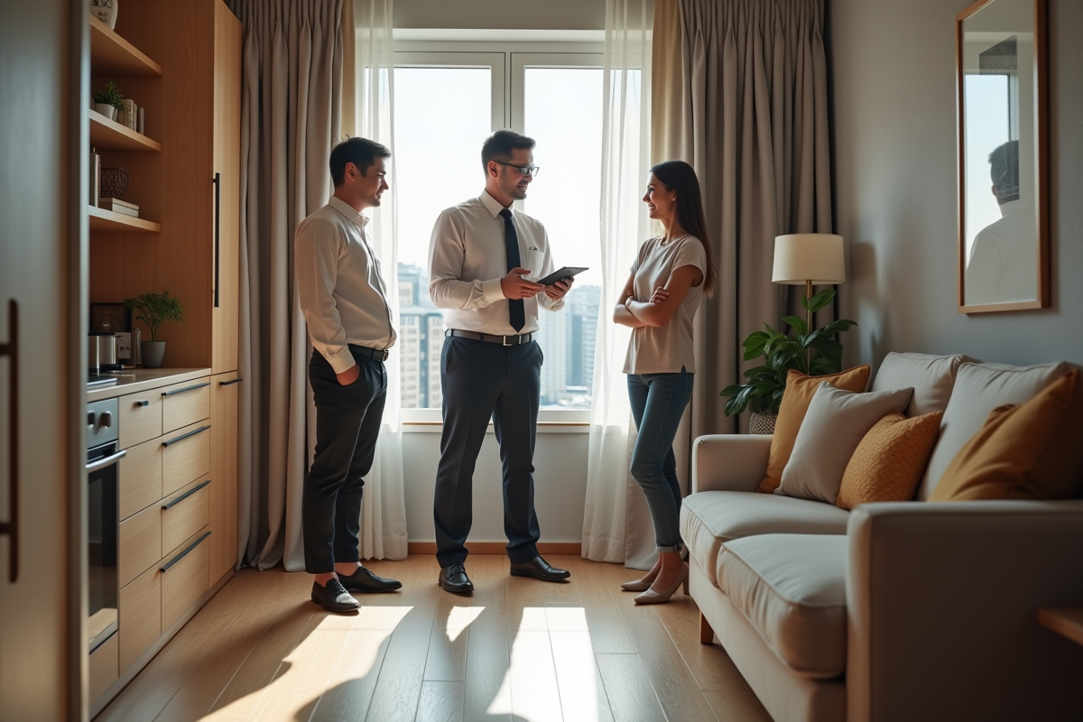Agent immobilier montrant un studio à un couple dans un intérieur urbain