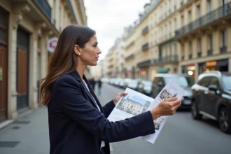 Agent immobilier devant un immeuble en zone tendue à Paris, tenant des annonces de location dans une rue haussmannienne animée