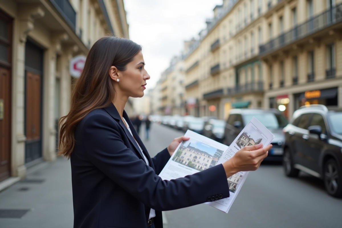 Agent immobilier devant un immeuble en zone tendue à Paris, tenant des annonces de location dans une rue haussmannienne animée