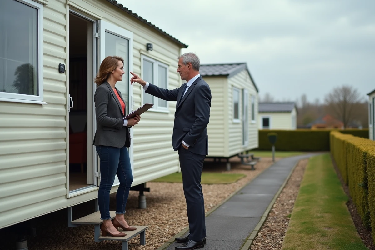 Agent immobilier présentant un mobil-home occasion à un acheteur potentiel dans un camping