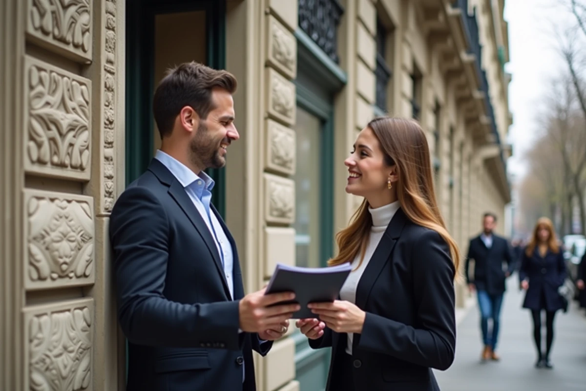 Agents immobiliers Orpi devant un immeuble haussmannien à Paris lors d'une visite de bien à vendre