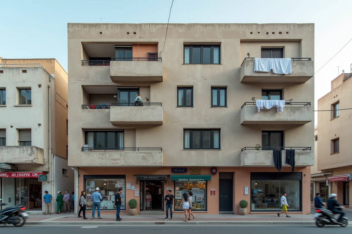Immeuble d'appartements en centre-ville d'Essaouira avec balcons, rue animée et commerces en arrière-plan, comparaison avec une maison avec jardin
