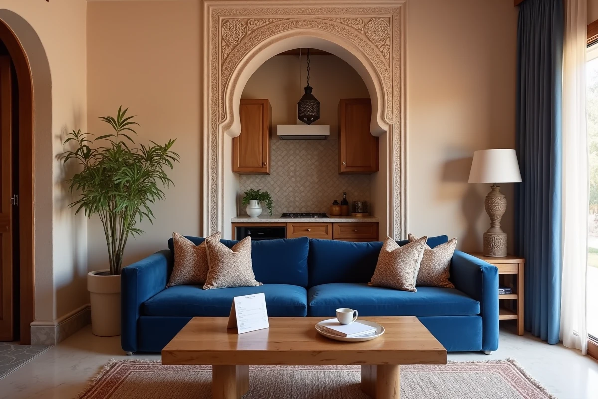 Salon d'un appartement marocain meublé prêt pour la location saisonnière à Marrakech avec document de rentabilité