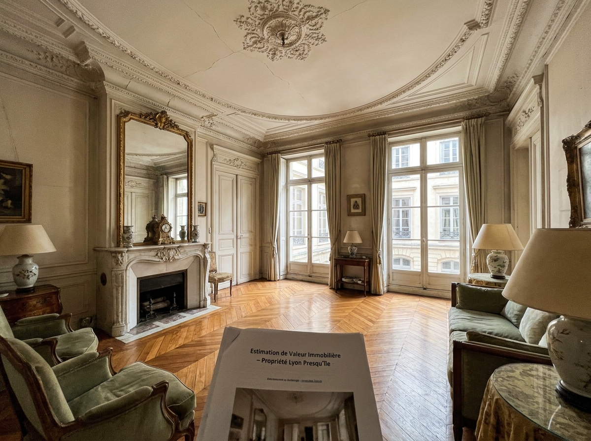 Appartement haussmannien de la Presqu'île de Lyon avec moulures, parquet et cheminée en marbre, illustrant une valeur immobilière supérieure aux attentes