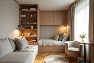 Appartement T1 bis avec alcôve de couchage séparée par une bibliothèque, espace optimisé et décoré avec des tons neutres et du bois chaleureux