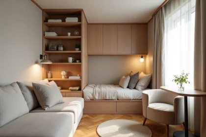 Appartement T1 bis avec alcôve de couchage séparée par une bibliothèque, espace optimisé et décoré avec des tons neutres et du bois chaleureux