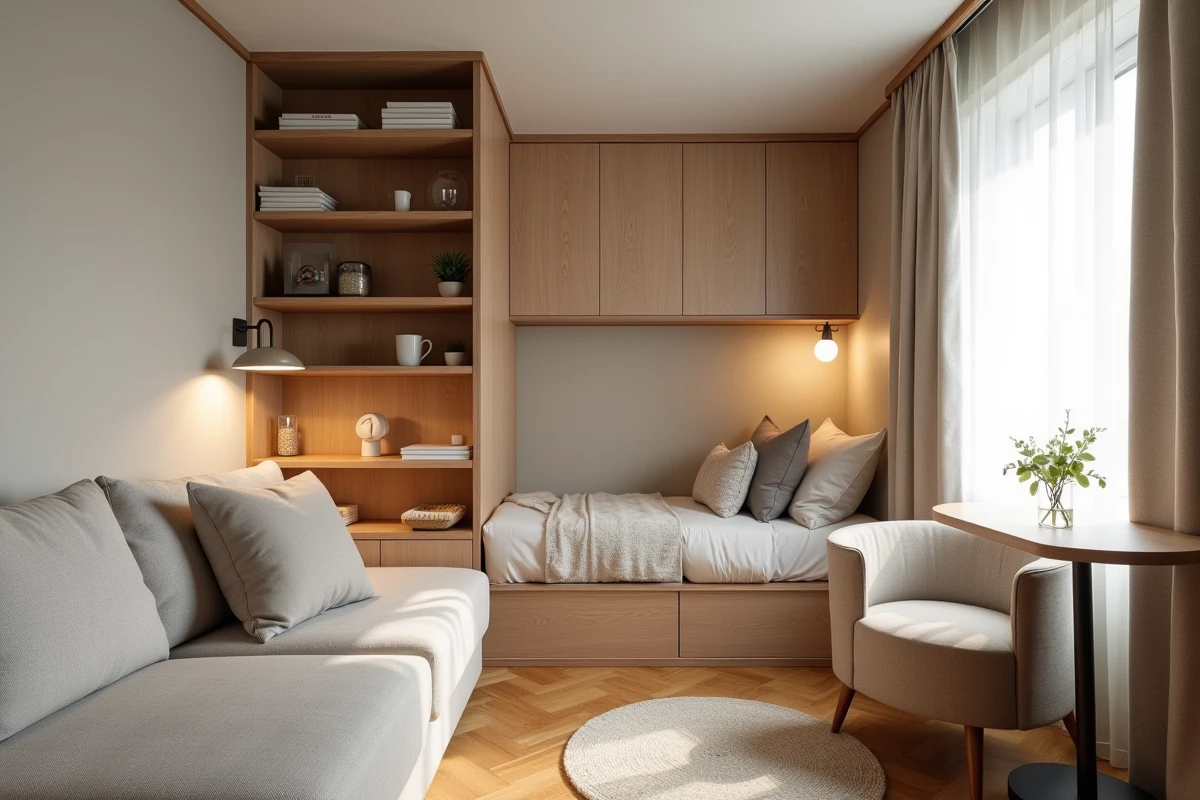 Appartement T1 bis avec alcôve de couchage séparée par une bibliothèque, espace optimisé et décoré avec des tons neutres et du bois chaleureux