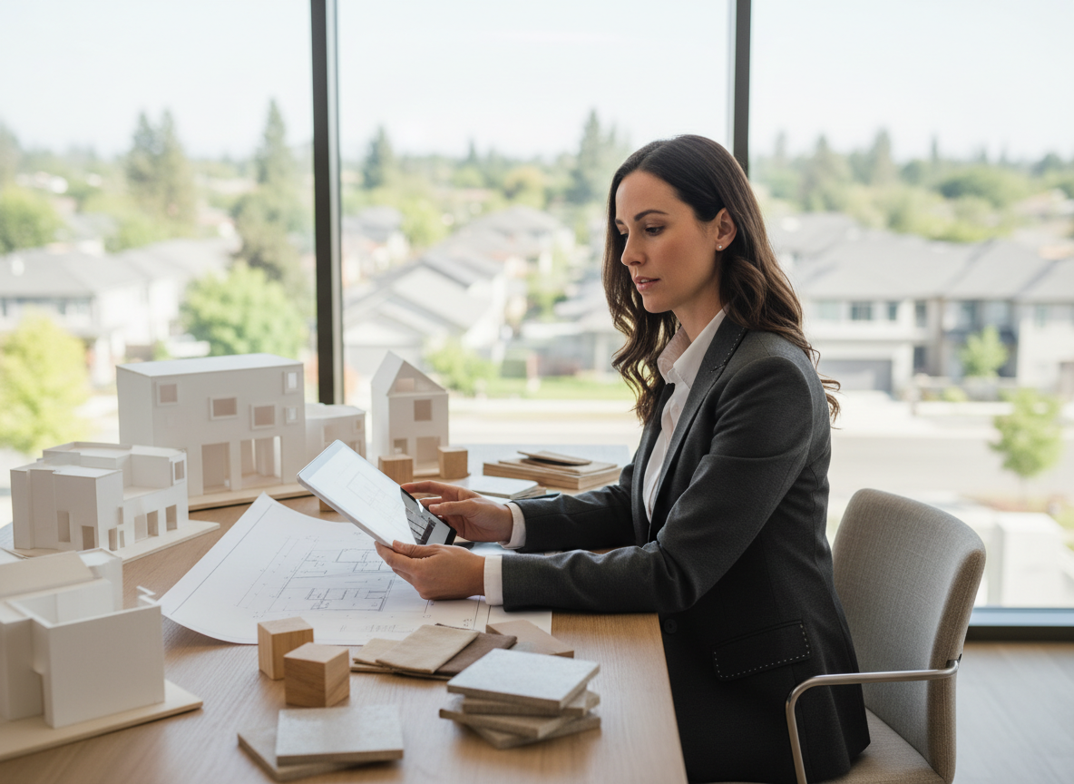 Architecte femme examine plans dans son bureau lumineux