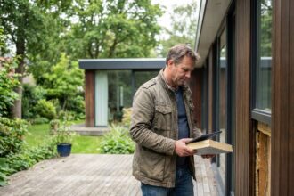 Architecte en extérieur examine l'isolation d'une maison en bois