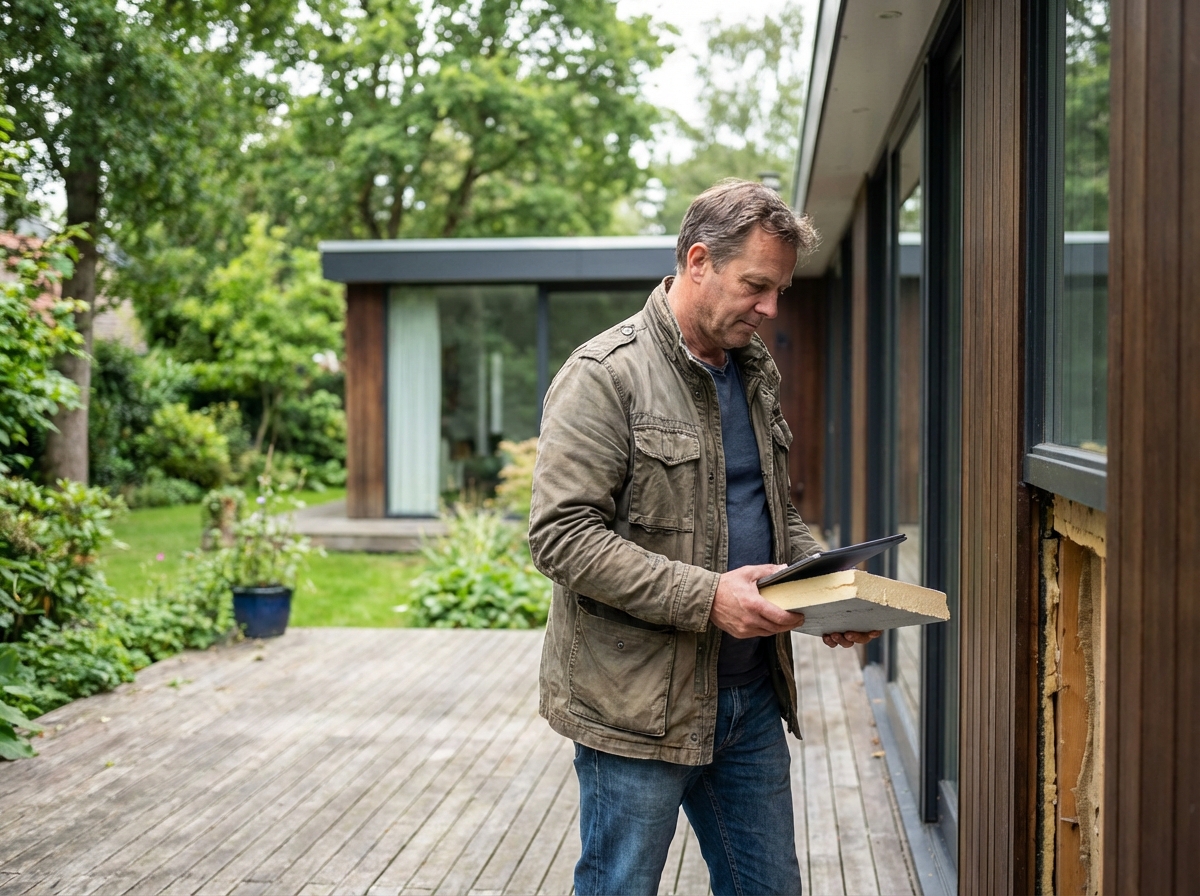 Architecte en extérieur examine l'isolation d'une maison en bois