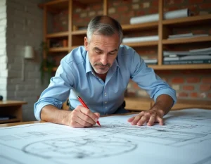 Architecte annotant un plan de coupe terrain sur une table à dessin dans un bureau professionnel