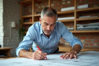 Architecte annotant un plan de coupe terrain sur une table à dessin dans un bureau professionnel