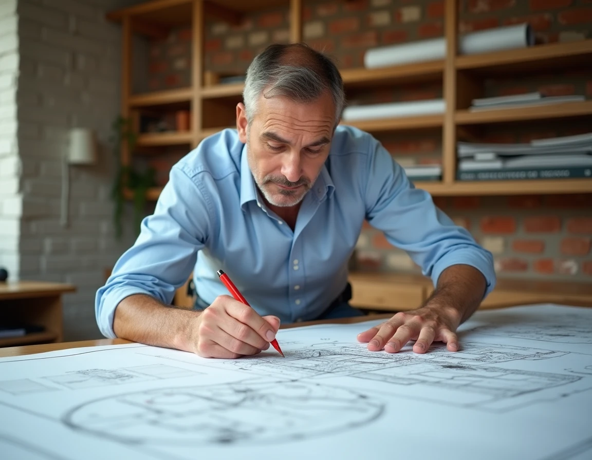 Architecte annotant un plan de coupe terrain sur une table à dessin dans un bureau professionnel