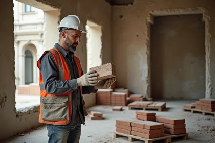 Architecte examinant une poutre en bois réemployée lors d'un chantier de déconstruction sélective dans un immeuble haussmannien à Paris
