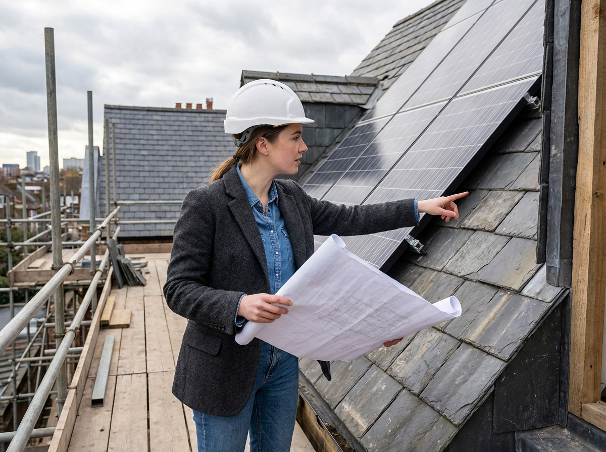 Jeune architecte examinant des installations solaires sur un toit en ardoise