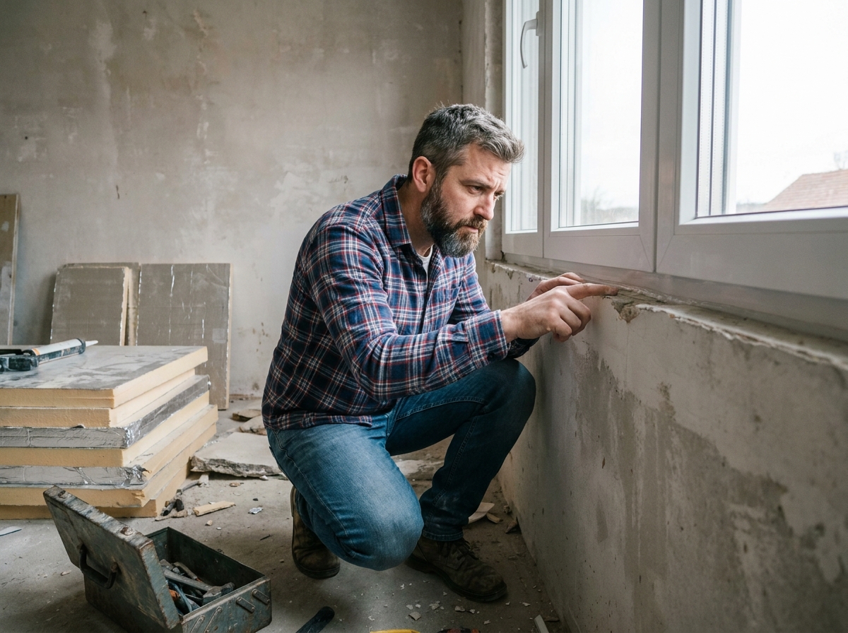 Artisan inspectant le cadre d'une fenêtre triple vitrage lors de travaux de rénovation énergétique