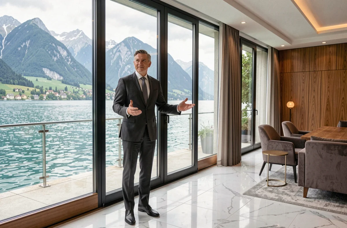 Agent immobilier Barnes Annecy dans un appartement de luxe avec vue sur le lac d'Annecy