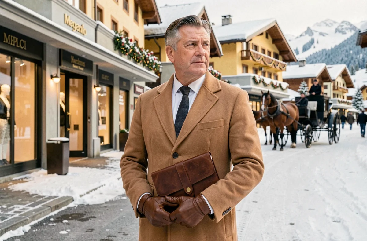 Agent immobilier Barnes Megève dans la station de ski de luxe avec les chalets enneigés en arrière-plan