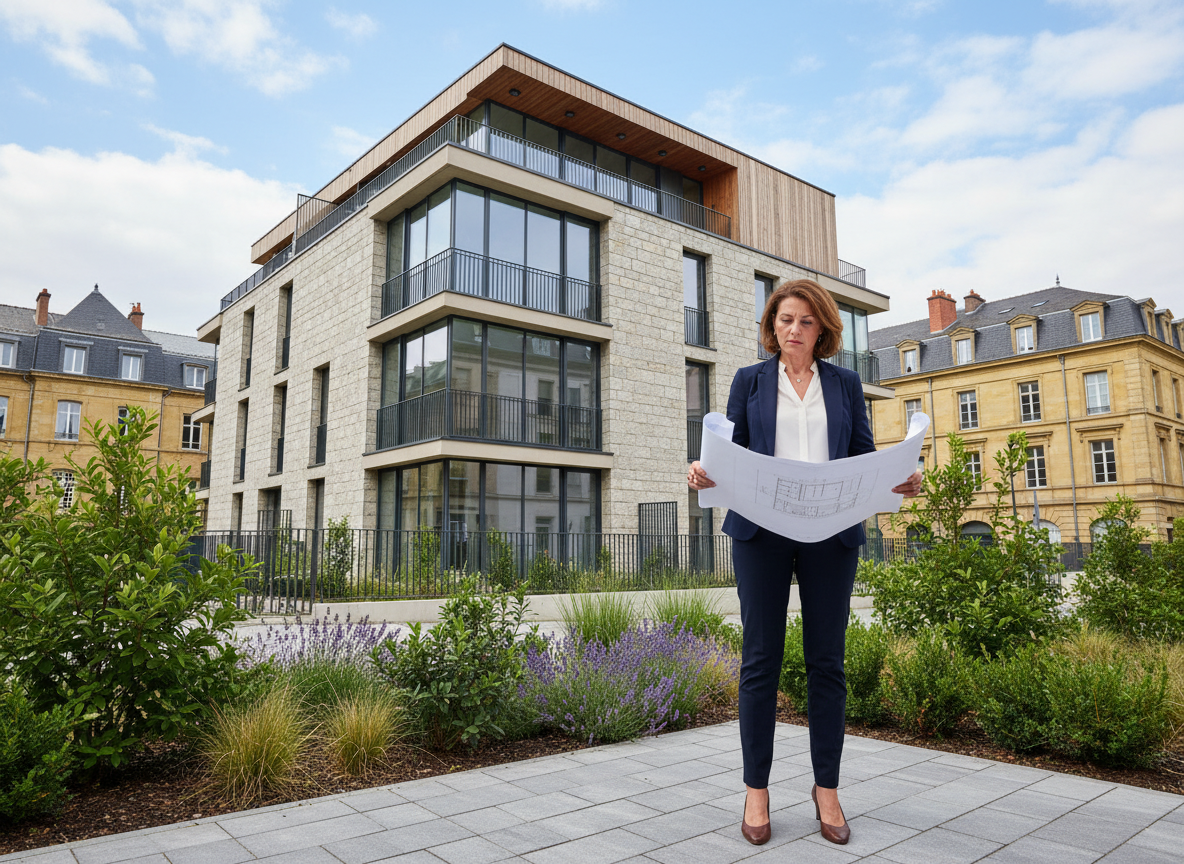 Vue extérieure d’un bâtiment résidentiel à Metz avec femme d’affaires