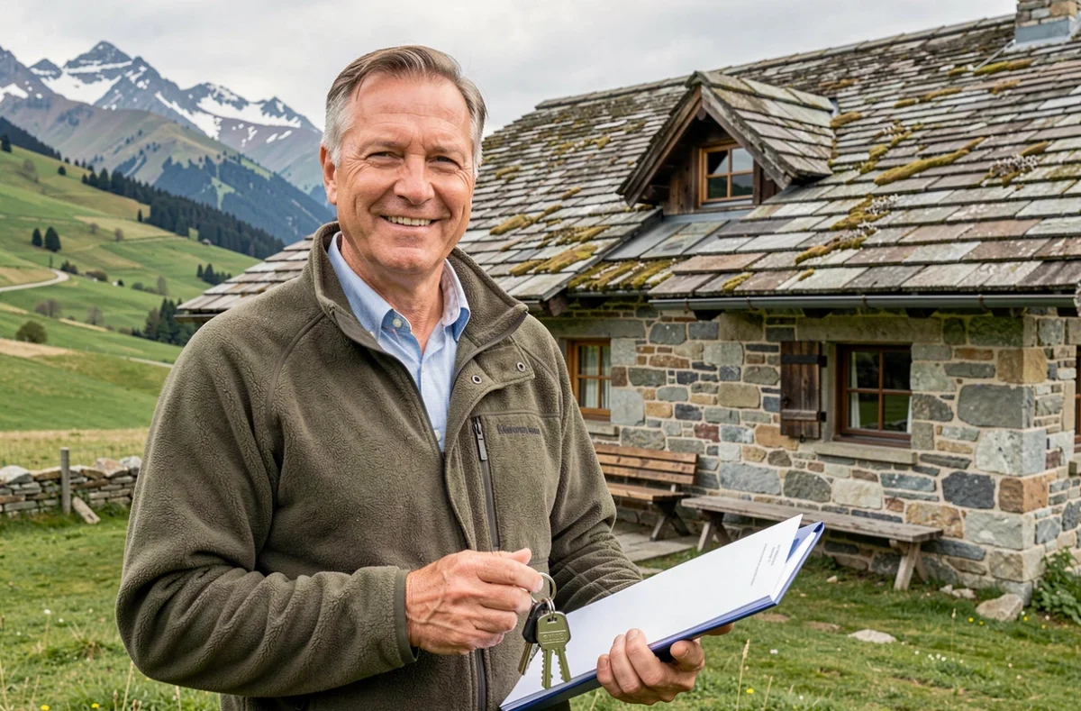 Agent immobilier Beaufortain Immobilier devant une ferme en pierre avec des alpages et des sommets enneigés en arrière-plan
