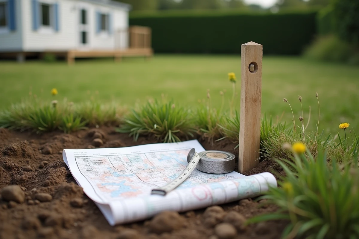 Borne de délimitation de parcelle et plan cadastral pour vente de terrain avec mobil home en Vendée
